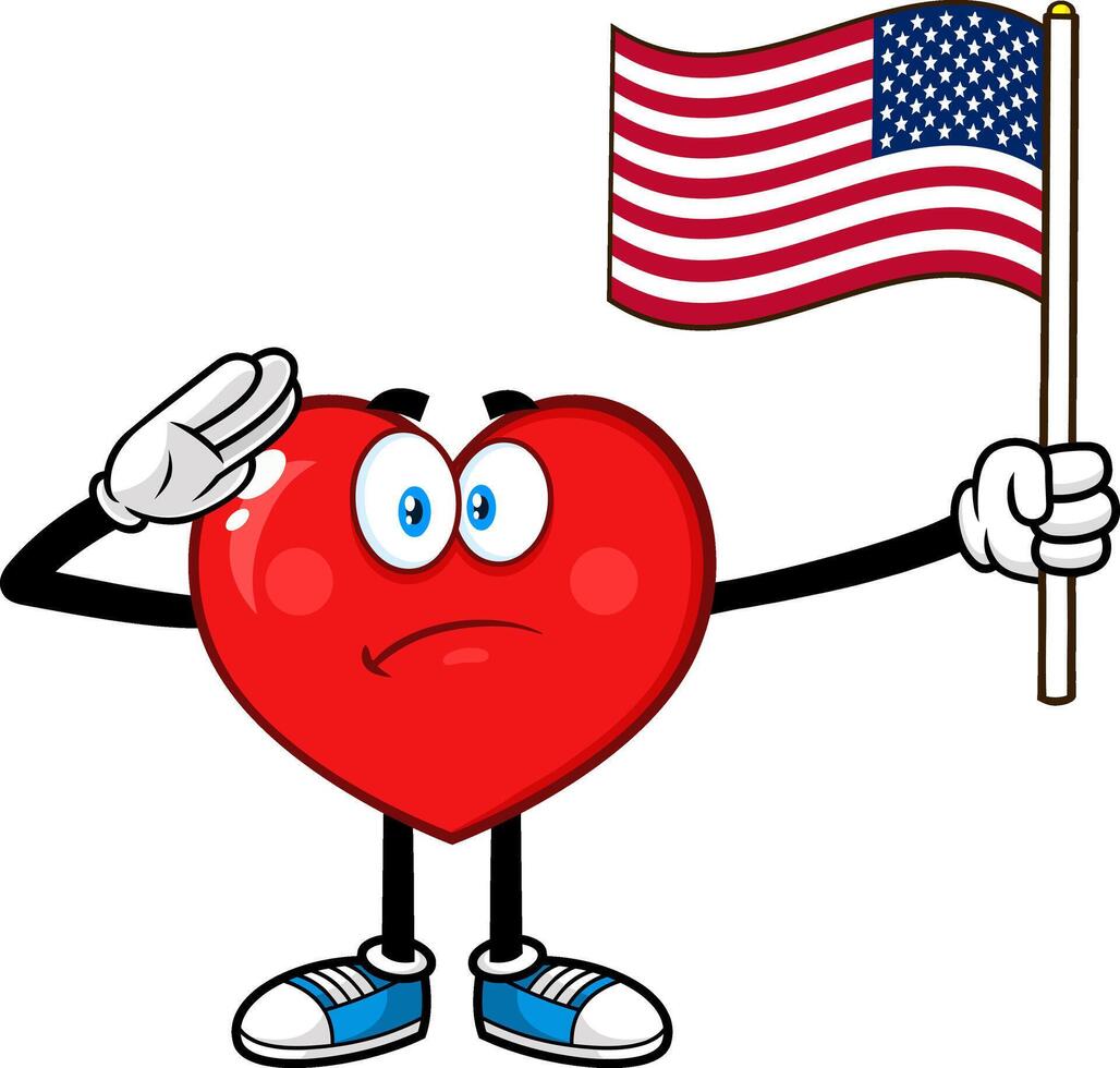 Patriotic Red Heart Cartoon Character Salute And Flashes US Flag vector