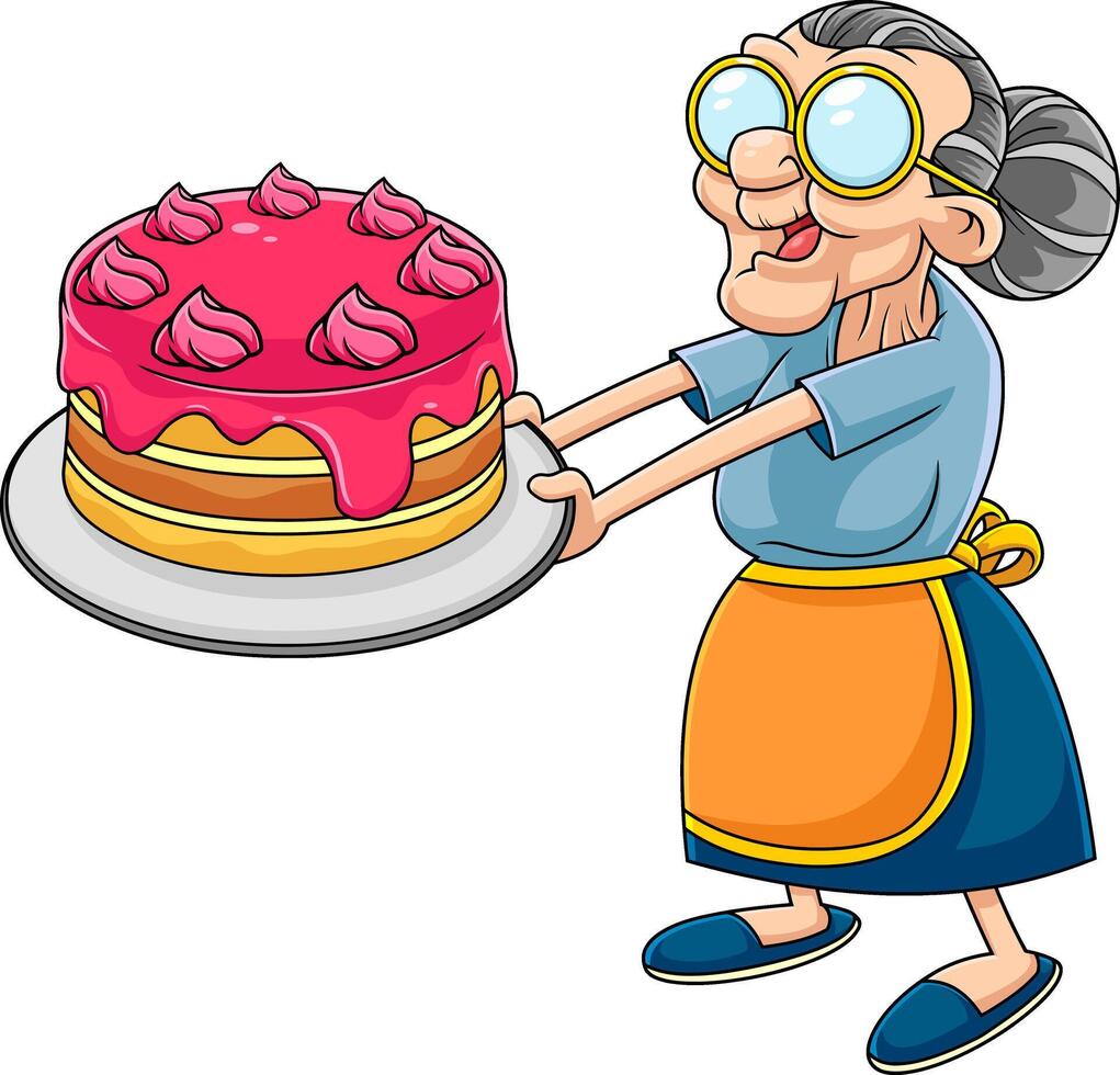 Funny Grandma Cartoon Character With Homemade Cake vector