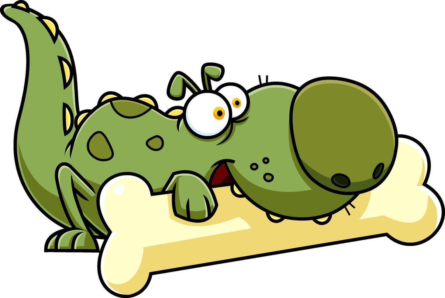 Cute Green Dino Dog Cartoon Character Gnawing On Bone vector