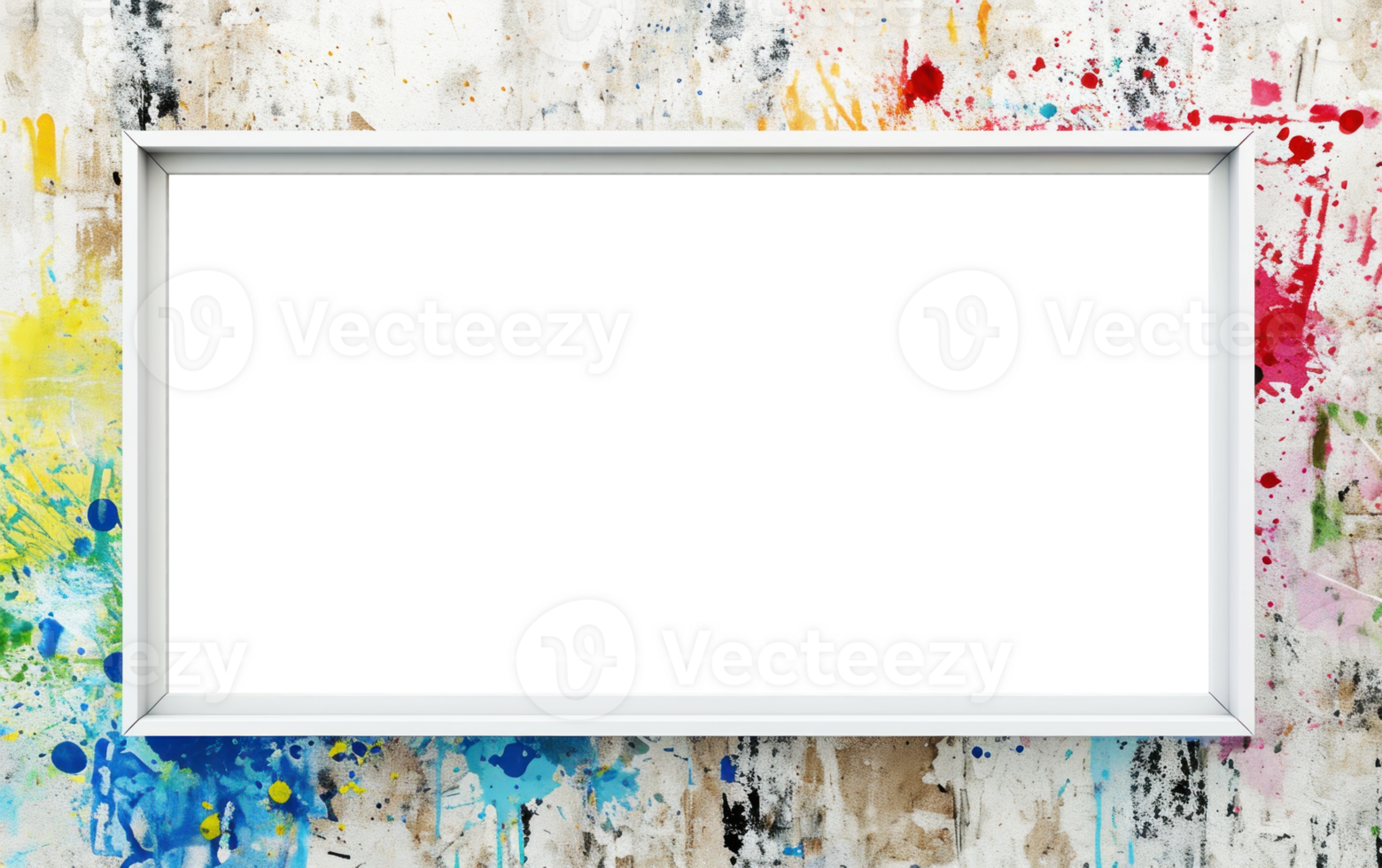 White photo frame on white background with colorful splashes. Empty picture frame. Modern mockup template with blank space for your photo or text png