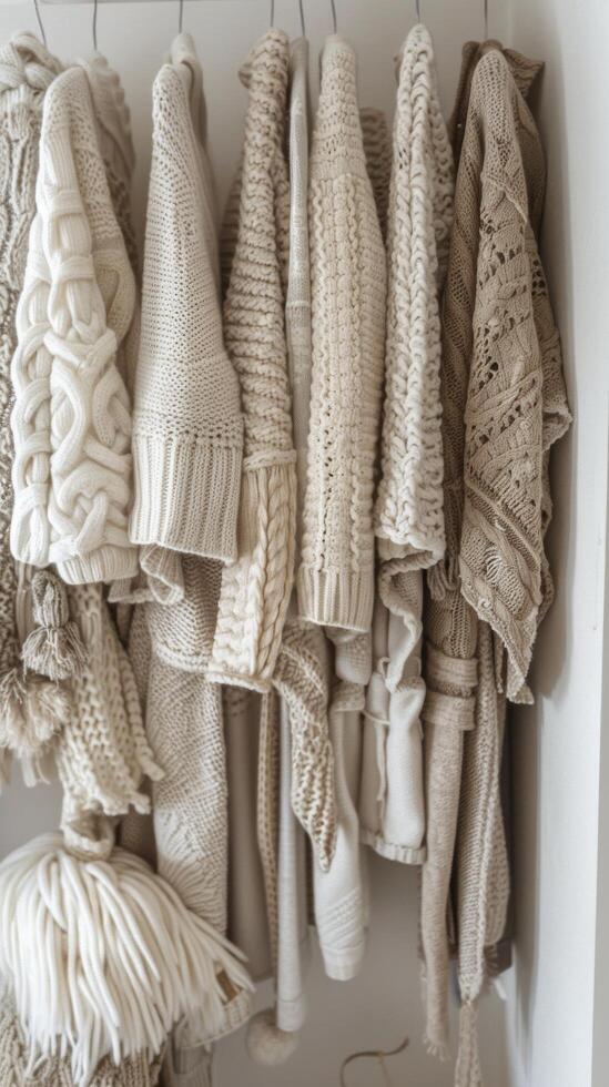 Array of Sweaters Hanging on Wall photo