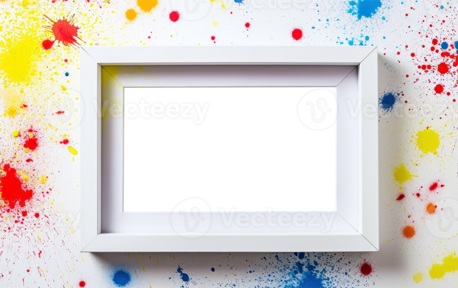 White photo frame on white background with colored dots. Empty picture frame. Modern mockup template with blank space for your photo or text png