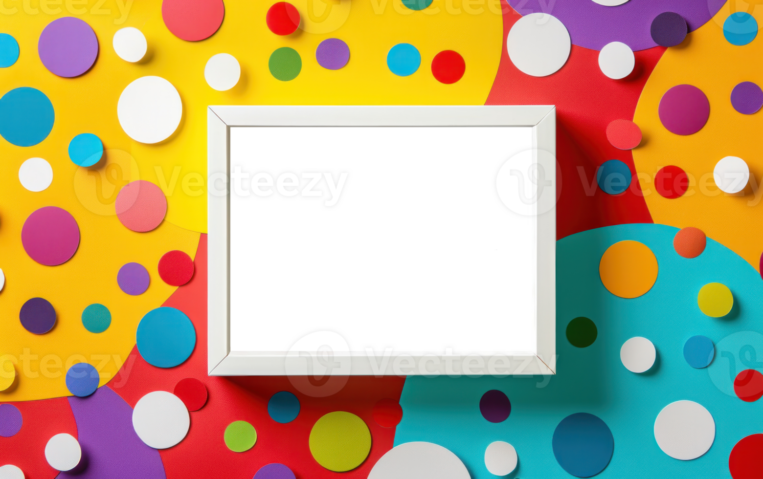 White photo frame on a coloured background with many coloured paper rounds. Empty picture frame. Modern mockup template with blank space for your photo or text png