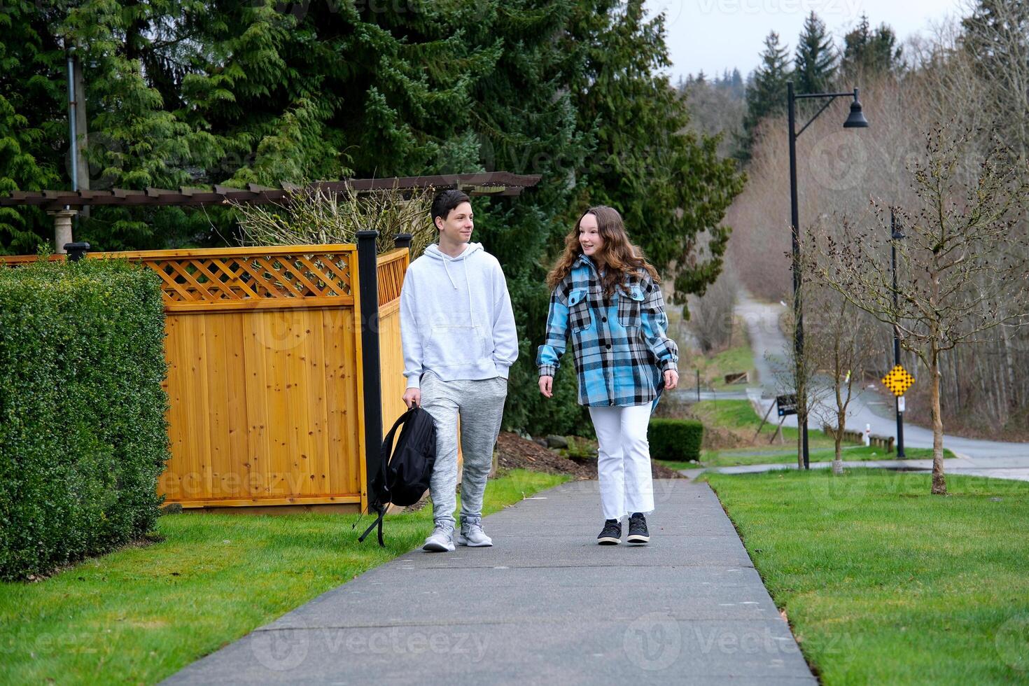 the boy takes care of the schoolgirl, carries a backpack, escorting her home, children's relations photo