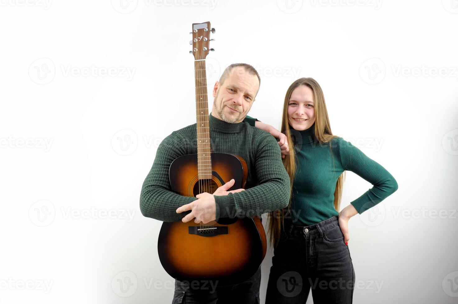 Musical artists sing and play acoustic guitar. Contemporary cover band. Isolated over white. photo