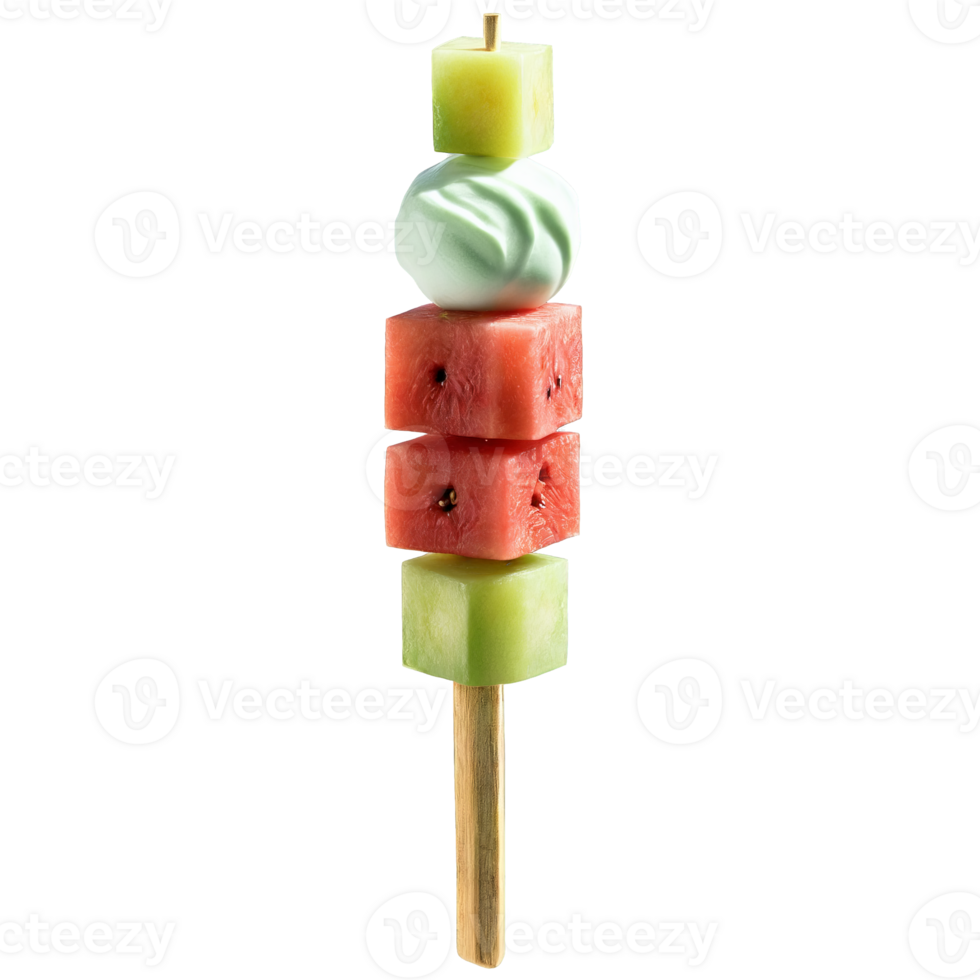 Breakfast fruit kebabs with cubes of watermelon honeydew and cantaloupe threaded onto skewers and served png