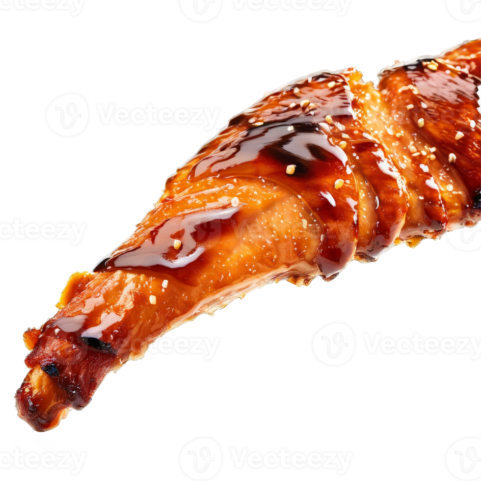 Rack of barbecue chicken wings with crispy skin sticky glaze and wisps of steam rising png