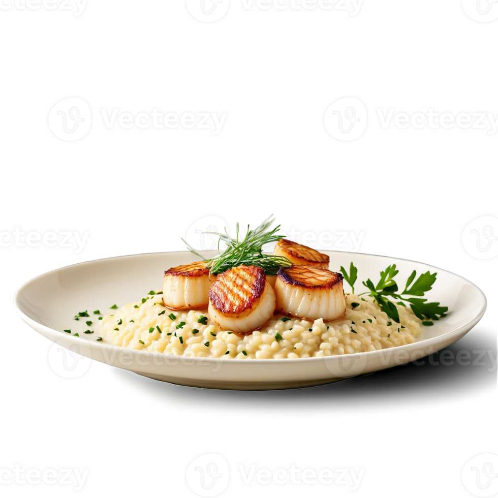 Seared scallops served on a bed of creamy risotto with a drizzle of truffle oil png