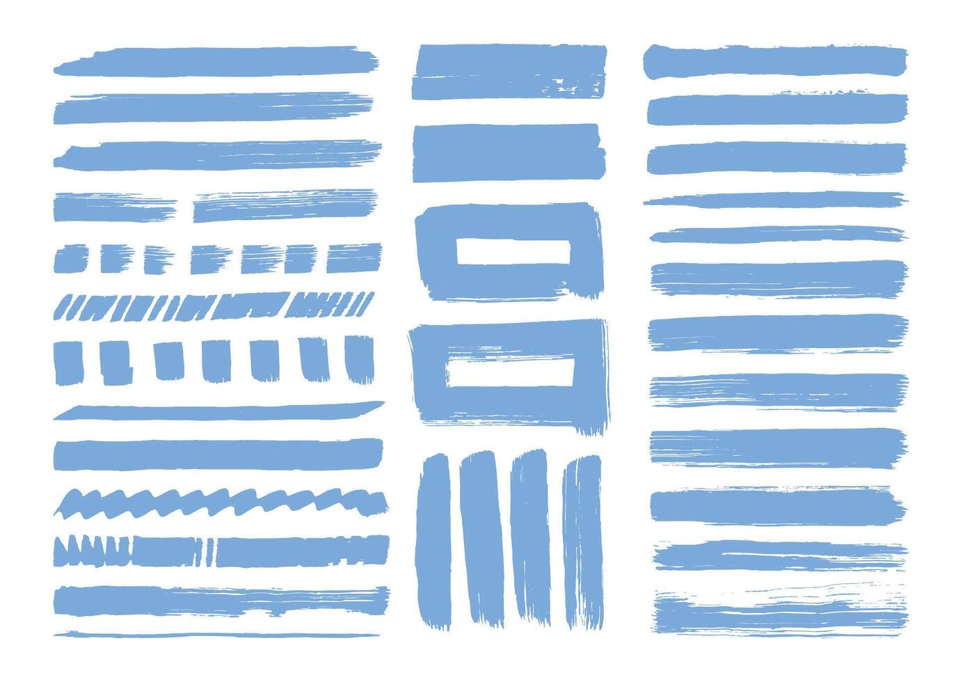Blue paint brush strokes element set. Rough lines, and square shape design bundle. Rough brushes template pack. Hand drawn stroke design. vector