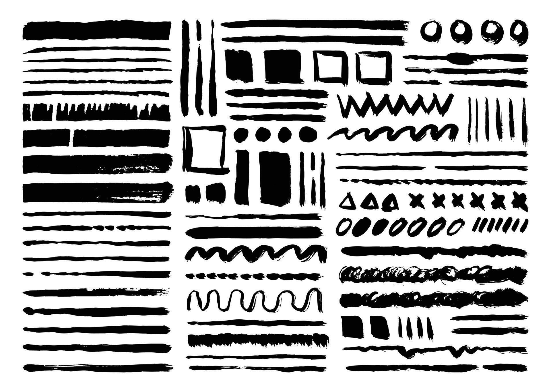 Black paint brush strokes element set. Circle, line, square, zigzag, x, triangle, and wavy shape