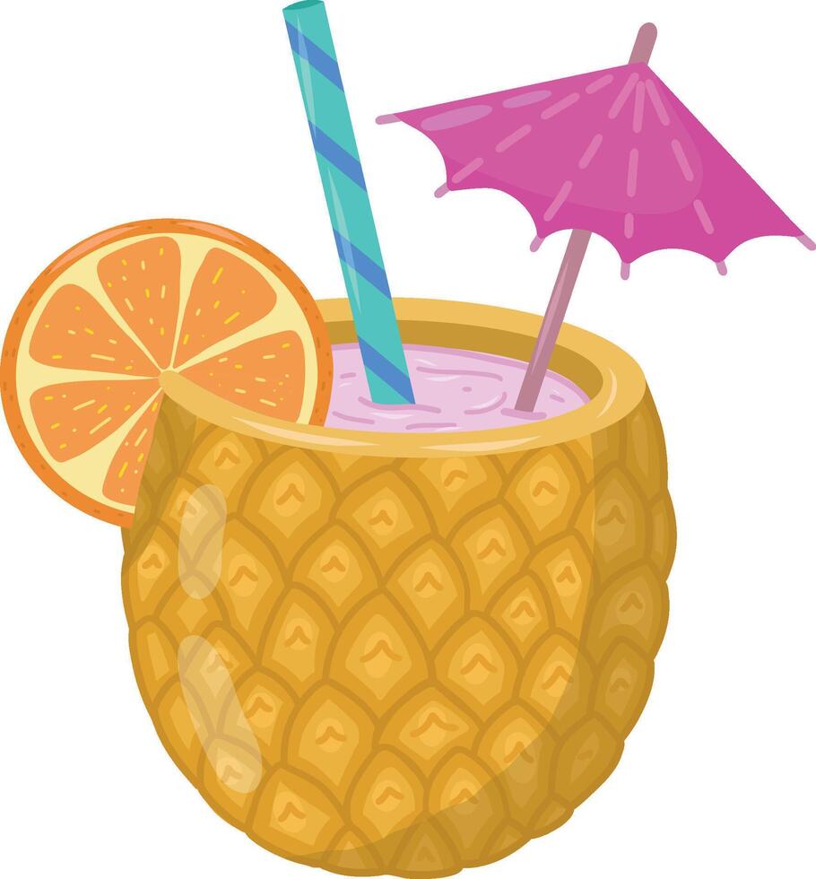 Pineapple alcoholic cocktail with straw, umbrella and orange. illustration. Alcoholic drinks are available in the bar menu. Beach holidays, summer holidays, party, cafe bar, vacations. illustration vector
