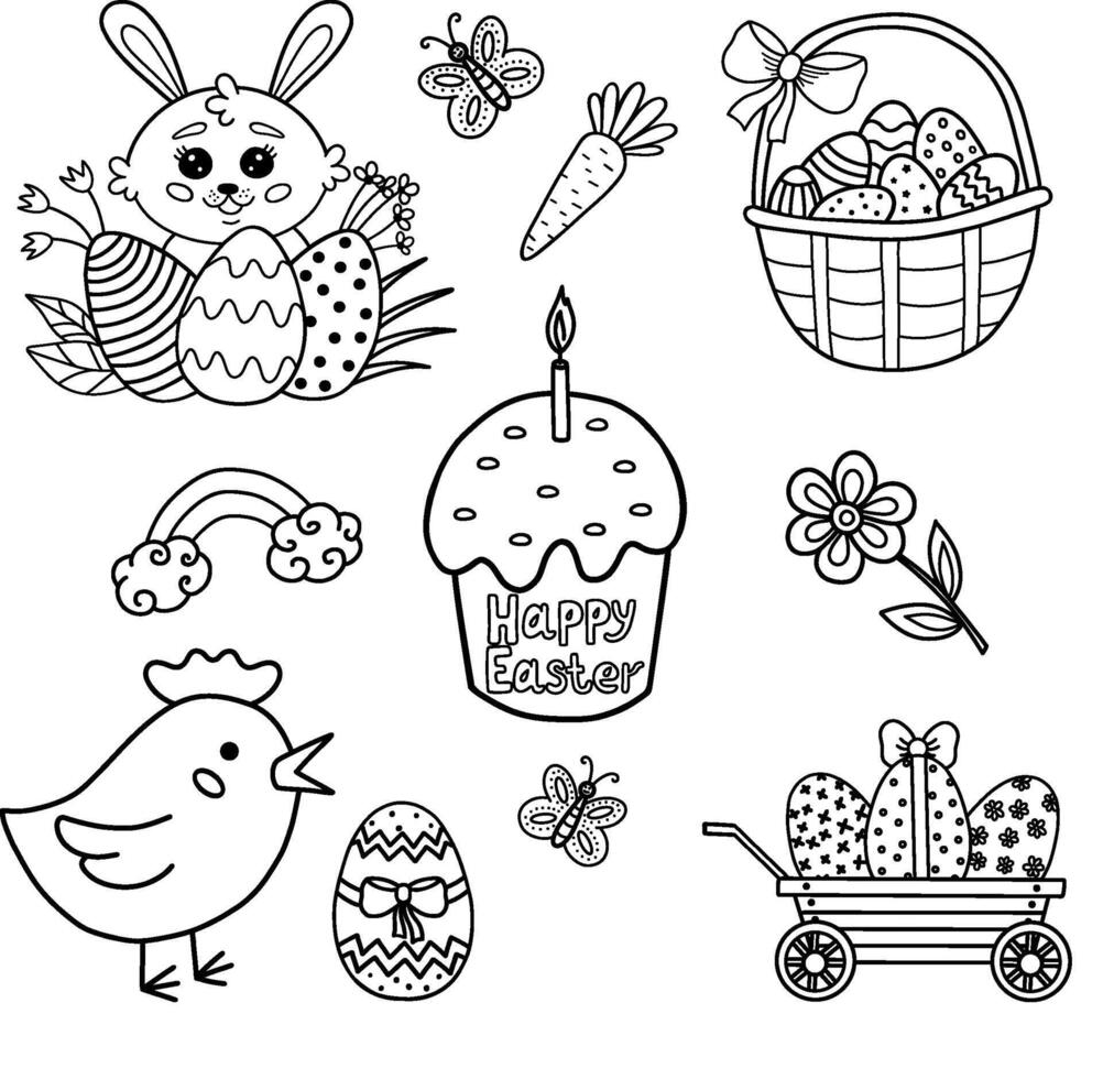 A set of Easter illustrations. Cute children's drawings for Easter. A set of simple illustrations with flowers, butterflies, a bird, a festive basket, eggs and a homemade pie. The Easter bunny. illustration vector