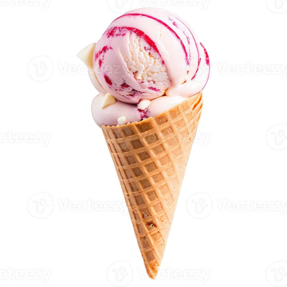 Raspberry white chocolate ice cream pink with chunks of white chocolate isolated on transparent Summer png