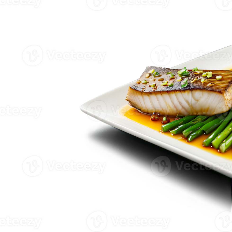 Broiled yellowtail fillet caramelized surface garnished with scallions captured with a shallow depth of field png