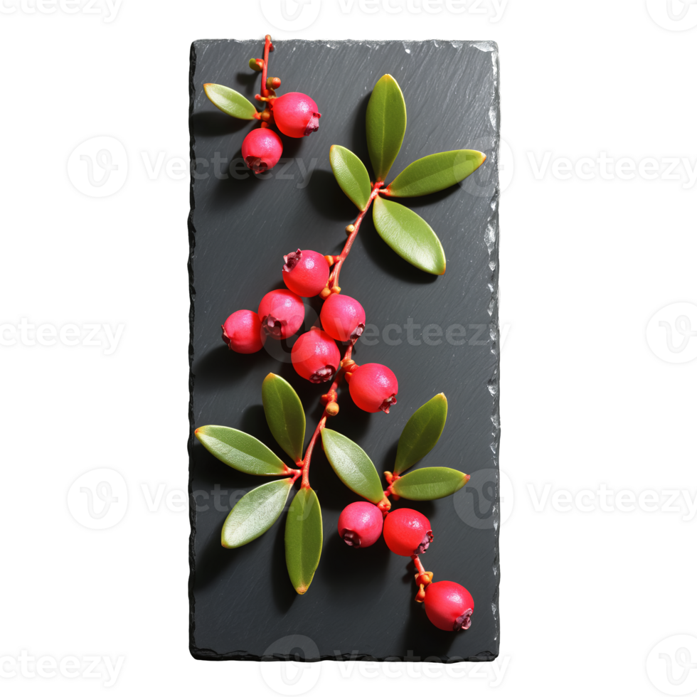 Enticing bearberries Arctostaphylos uva ursi artistically arranged on a black slate plate their bright red png