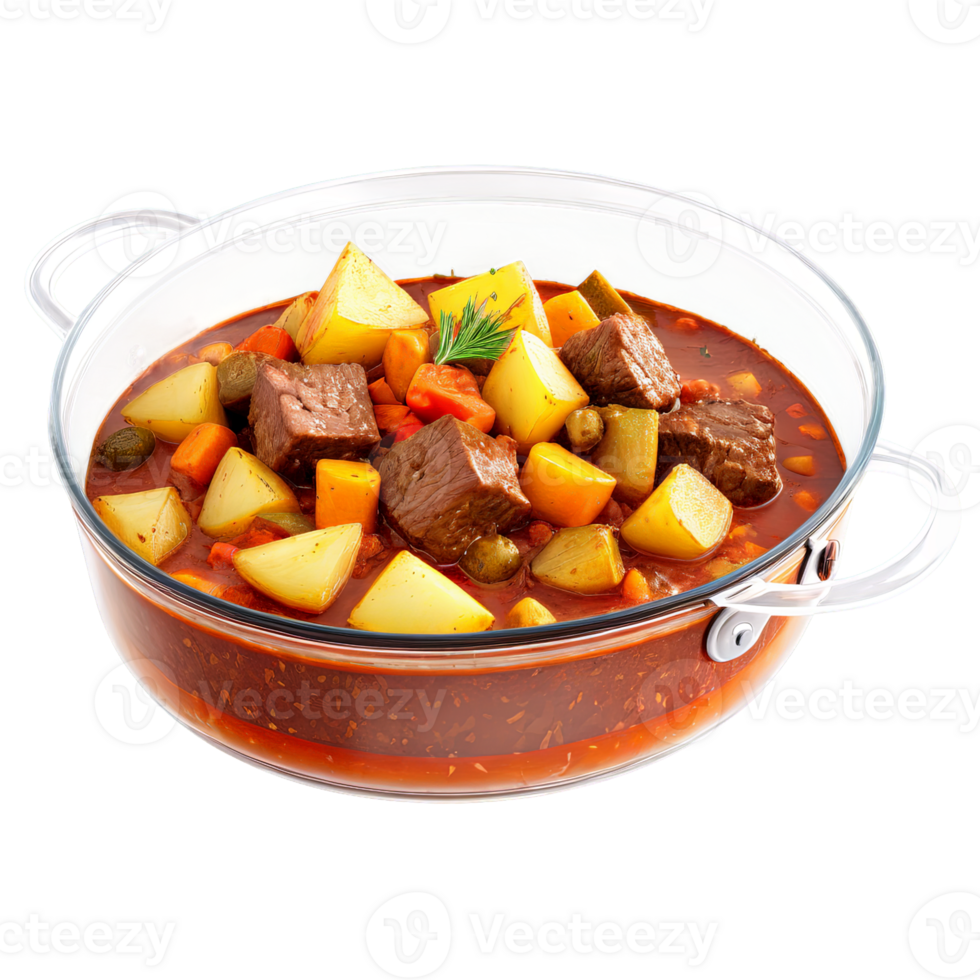 Beef Goulash in a transparent glass pan on a gas stove, shot from a 45-degree angle, with tender beef chu png