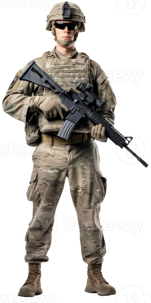 An American soldier in full-length sunglasses with a weapon in his hands. Modern equipment. Isolated on transparent background png