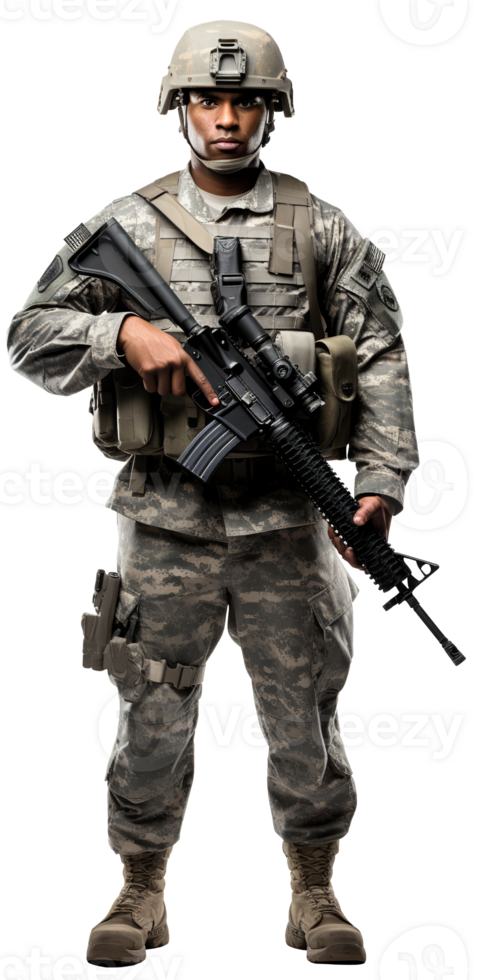 American black soldier in full height with a weapon in his hands. Modern equipment. Isolated on transparent background png