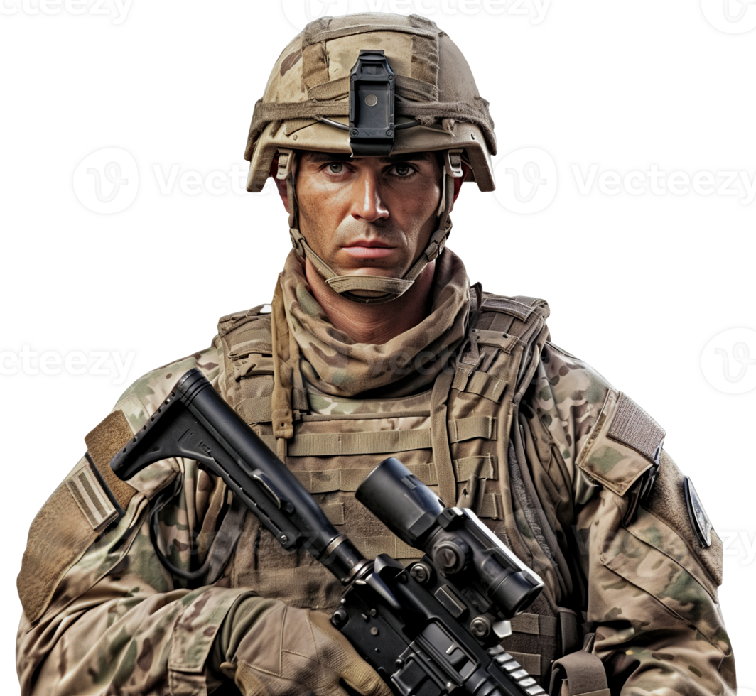 An American soldier in modern equipment and with a weapon in his hands. Isolated on transparent background png