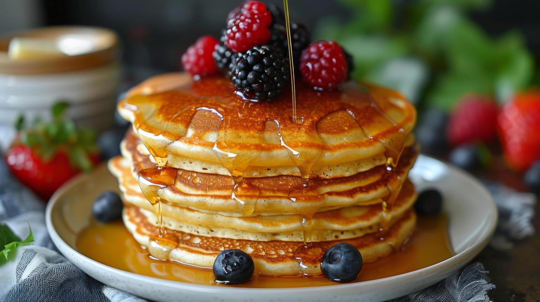 Stack of Pancakes With Syrup and Berries on a Plate photo