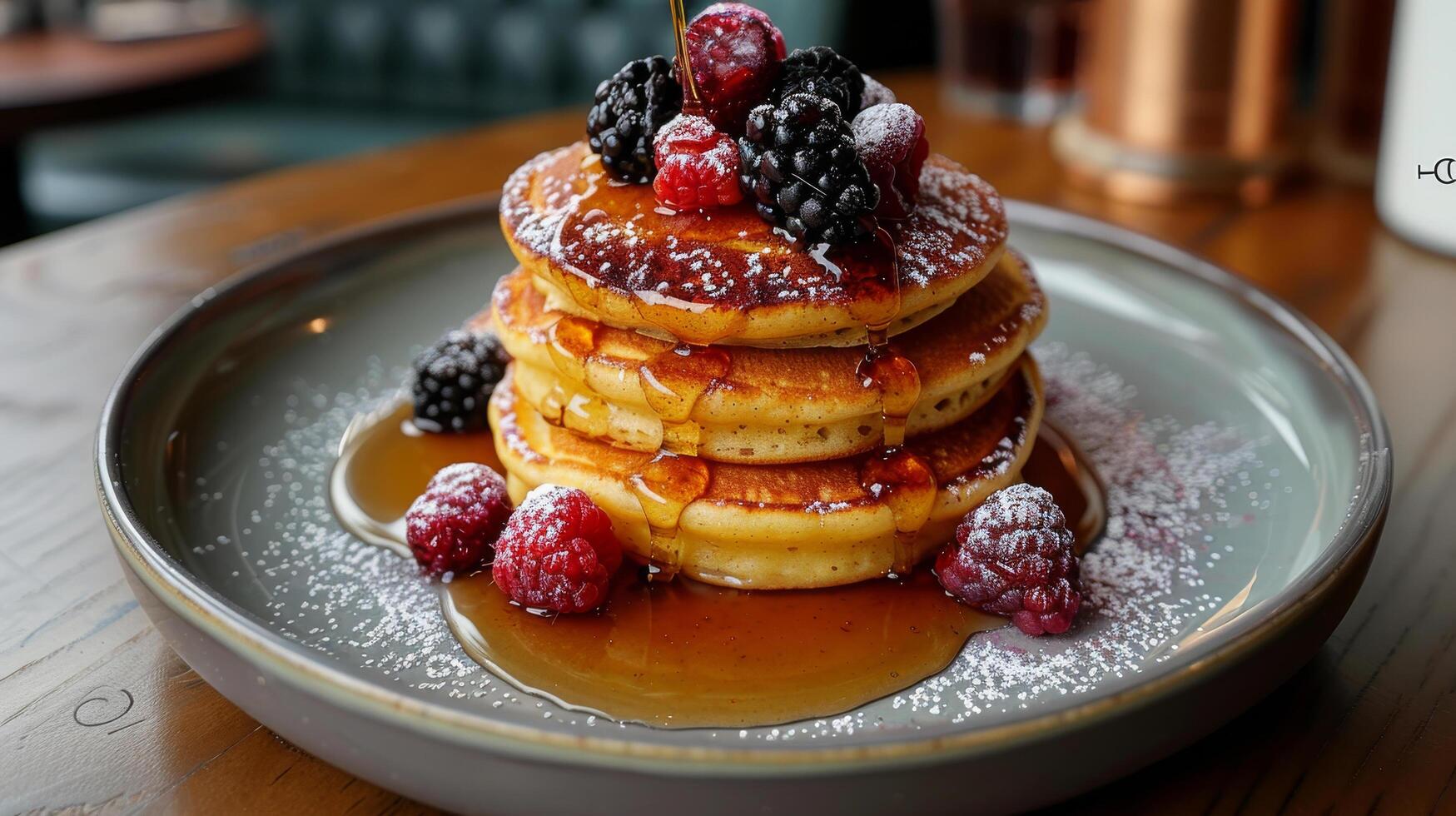 Stack of Pancakes With Syrup and Berries on a Plate photo