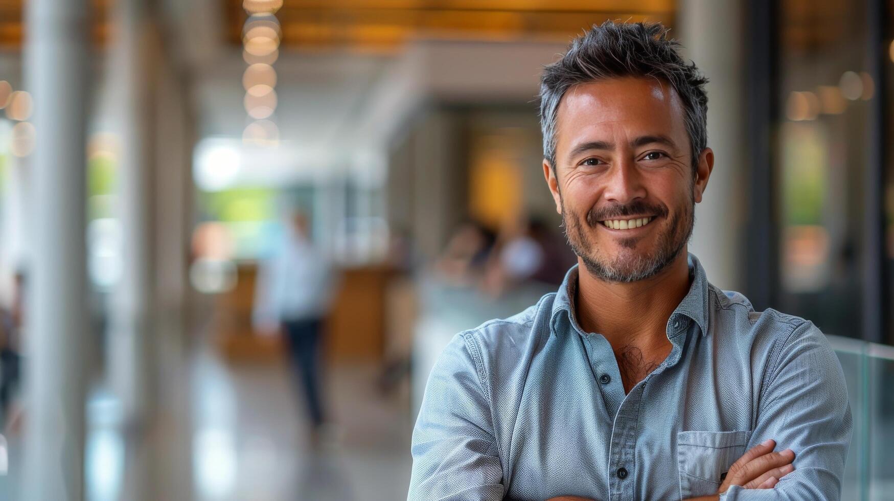 hombre sonriente en traje dentro edificio foto