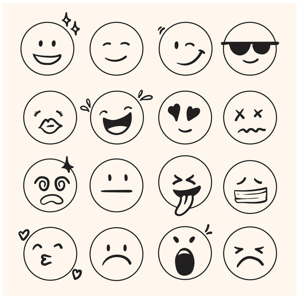 Doodle Emoji face icon set. Hand drawn sketch style. Emoji with different emotion mood, happy, sad, smile face with illustration style doodle and line art vector