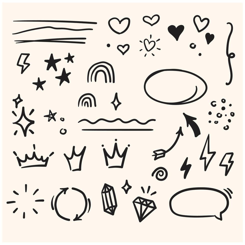 Hand drawn set elements, black on white background. Arrow, heart, love, star, leaf, sun, light, flower, daisy, crown, king, queen,Swishes, swoops, emphasis ,swirl, heart, for concept design. vector