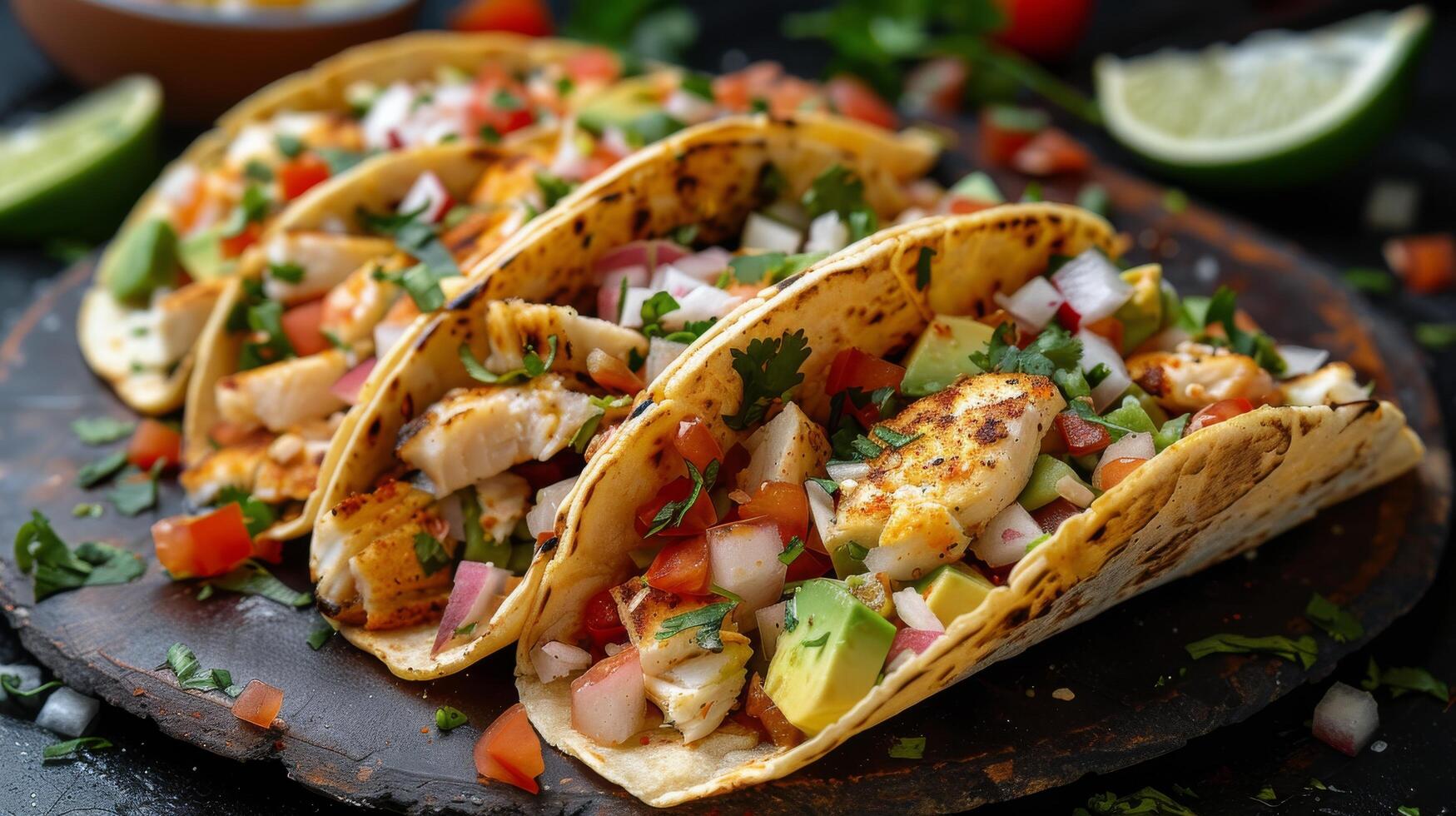 Three Fish Tacos With Limes and Cilantro on Plate photo
