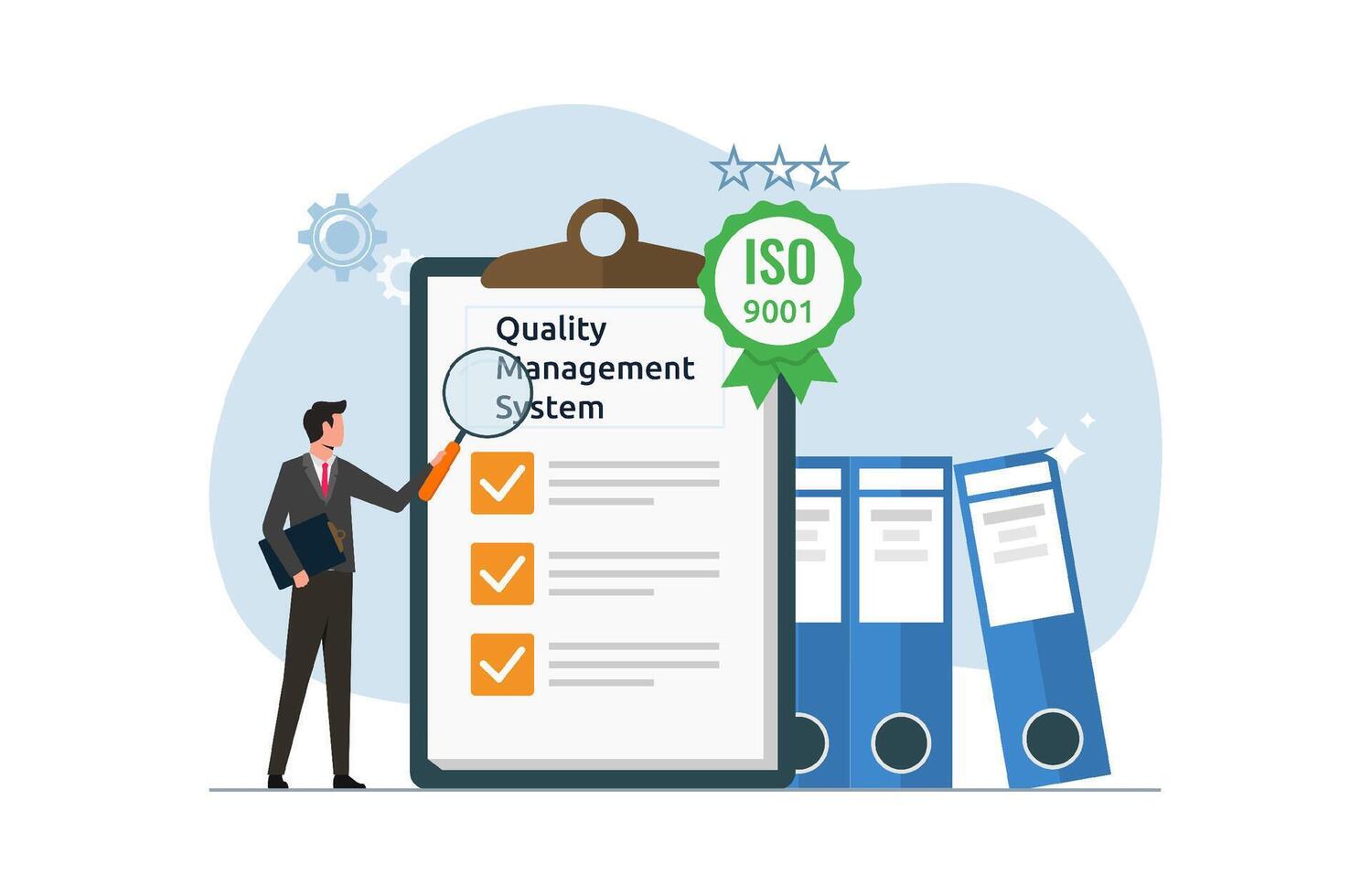 Quality management system for ISO standard, paper document with checklist, international standards for trusted goods and services vector