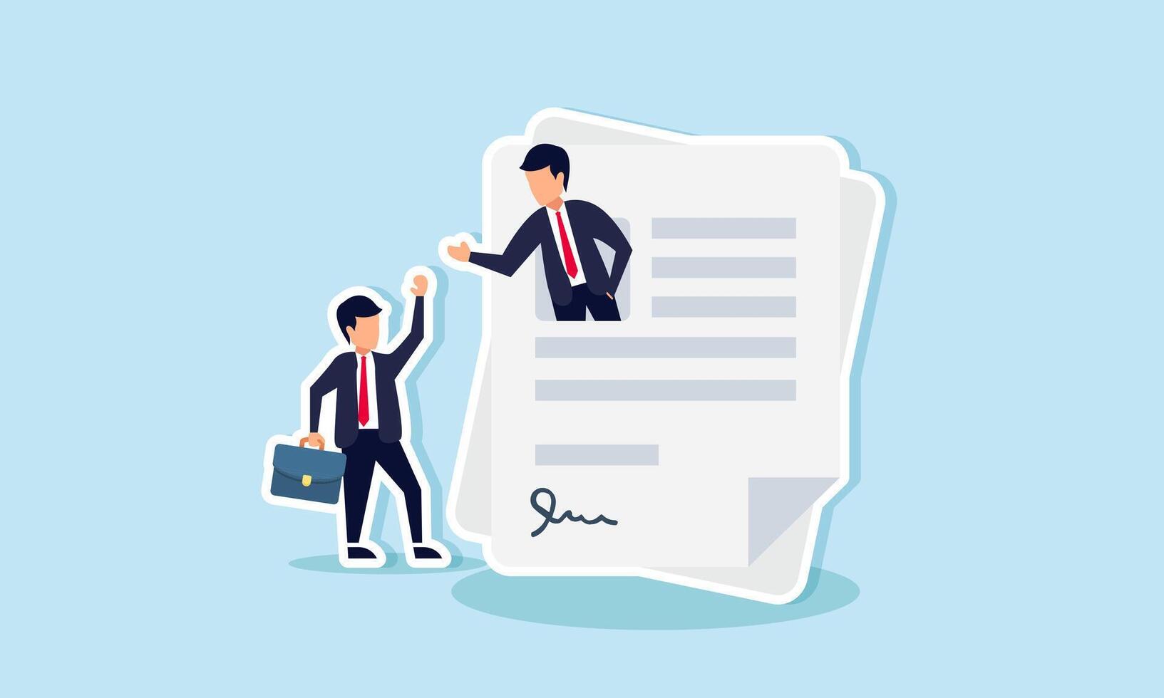 Successful candidate with top resume signs contract for new job, concept of Businessman steps out of resume picture to shake hands with employer vector