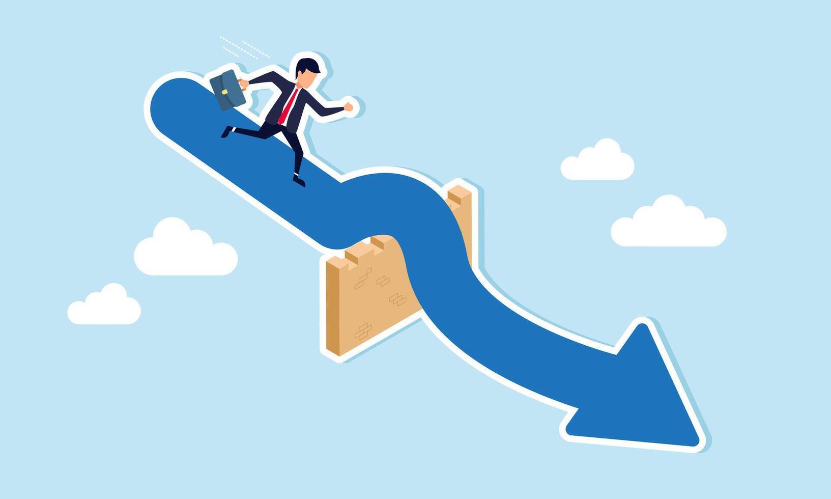 Overcoming obstacles solving business problems, winning over barriers, and navigating career challenges, concept of Businessman runs, crossing brick wall on road vector