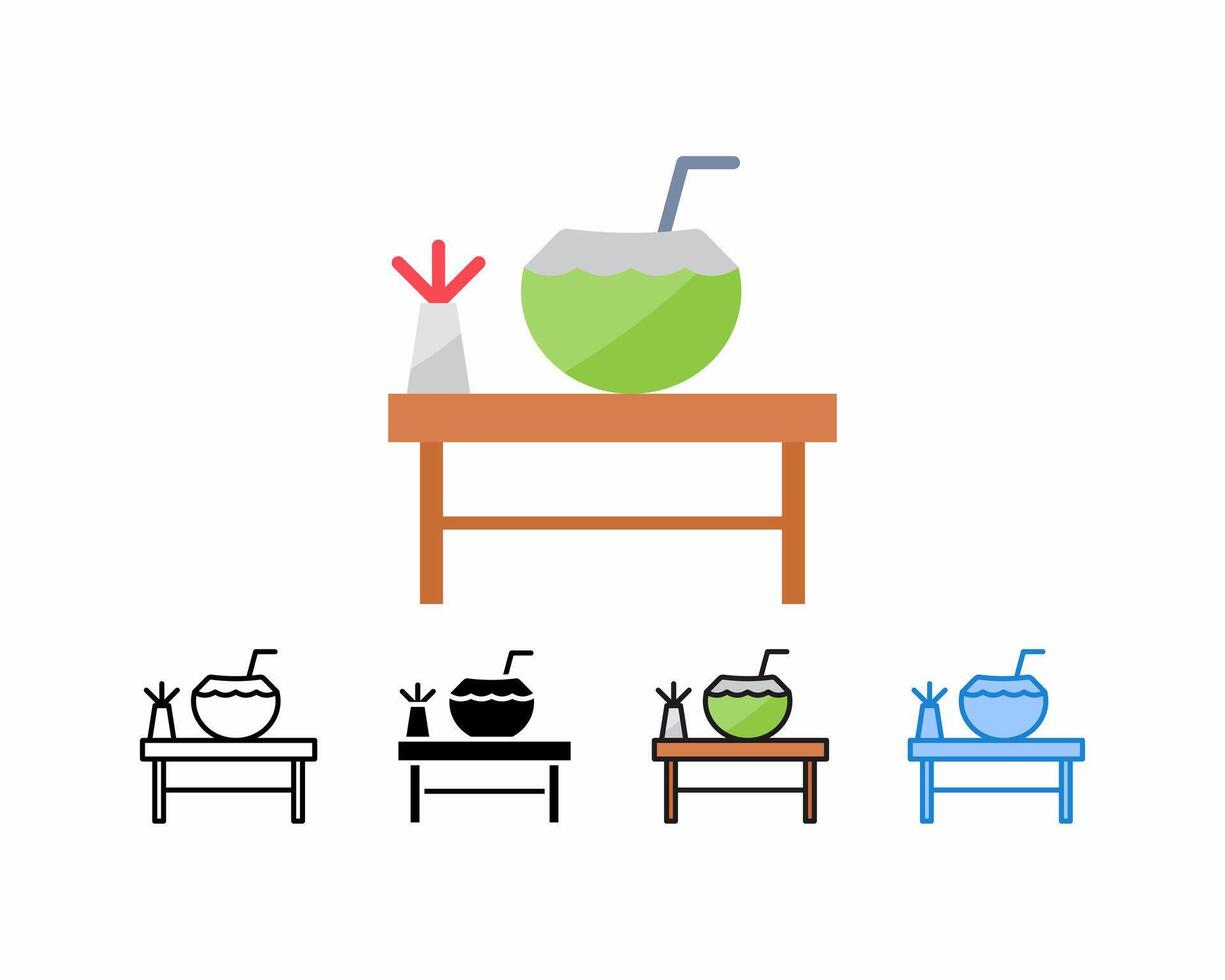 drinking young coconut on a bar table accompanied by a flower,set 5 icons,outline,glyph, filled line,flat color and blue color. Editable strokes and pixel perfect.Can be used for digital products,etc vector