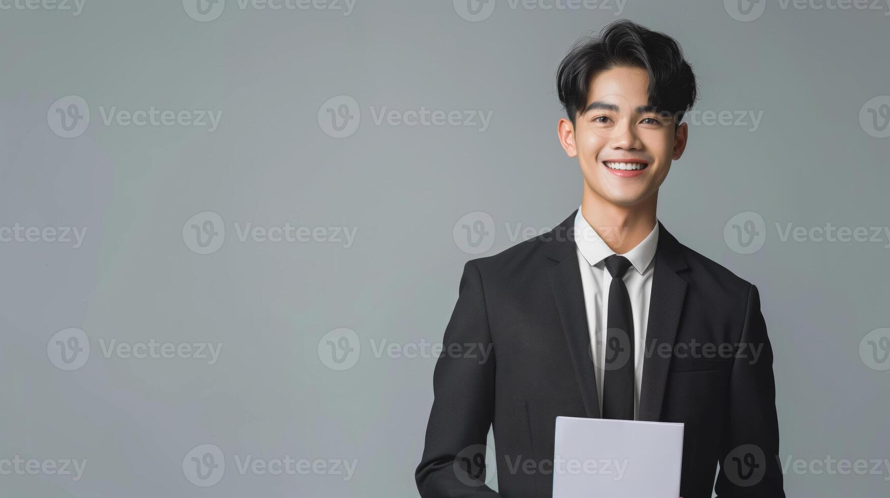 Young Asian job applicant in formal suit preparing for interview photo