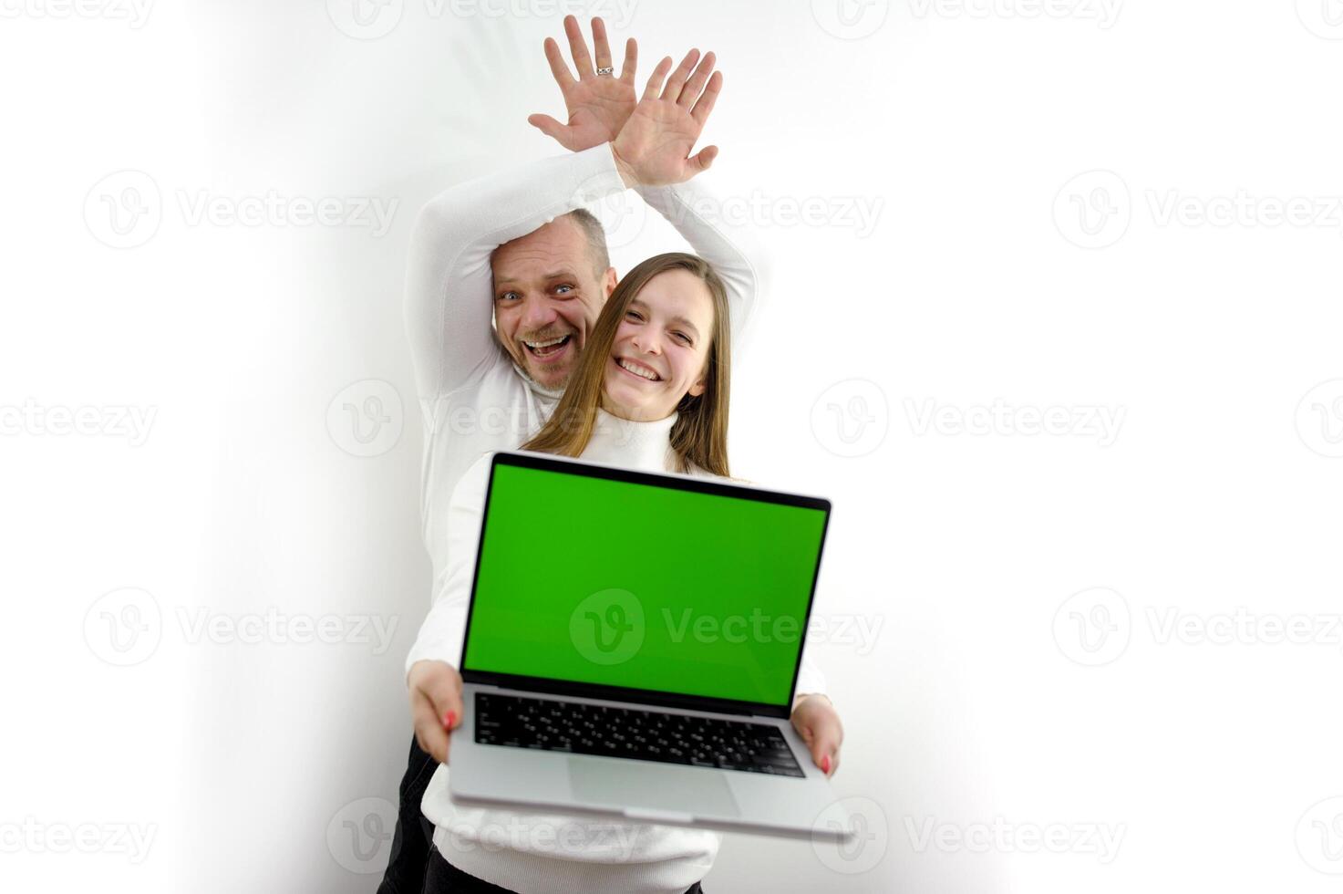 cheerful ad laptop raising hands up spreading fingers out loud laughing smile for all teeth foreground selective focus ad business purchases celebration as gift winning enjoyment successful work photo