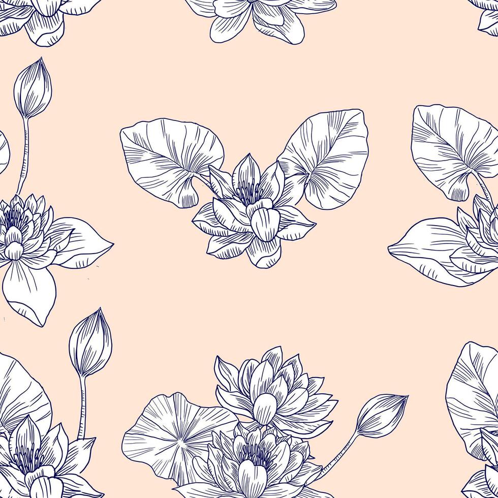 Hand Drawn Water Lily Flower Seamless Pattern vector