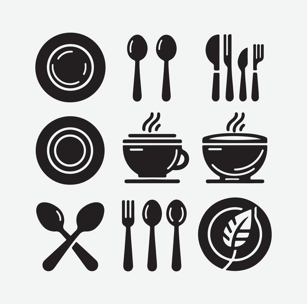 Elegant Plate and Spoon Silhouette Set Perfect for Culinary Designs and Kitchen vector