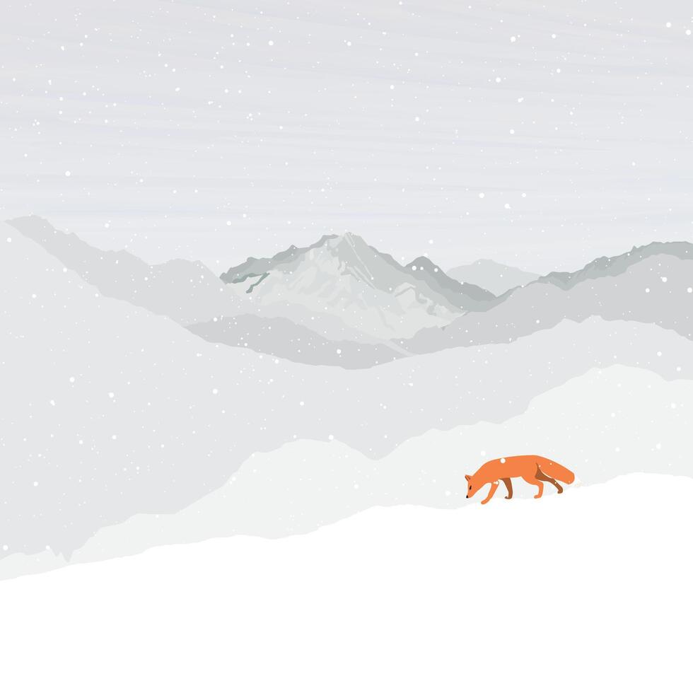 Fox on the snow mountain landscape have snowfall graphic illustration. Animal in snow landscape flat design concept with blank space. vector