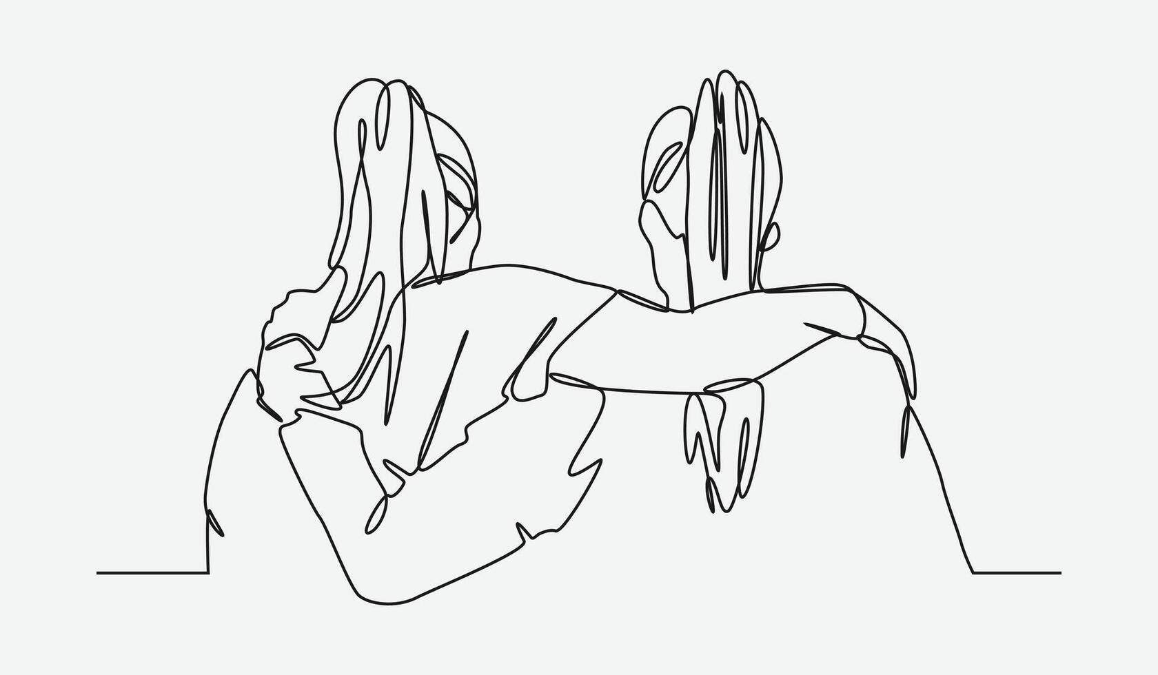 two women embracing each other. back view. concept of friendship, relationship, best friend. editable stroke. continuous line drawing style illustration. vector