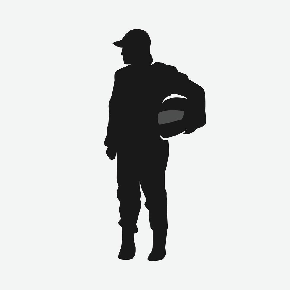 silhouette of a racer wearing a hat standing while holding a helmet. isolated in white background. graphic illustration vector