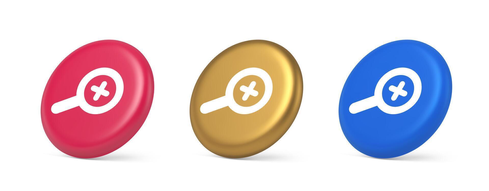 Zoom search cyberspace information button discovery magnifying glass plus 3d realistic isometric circle icon vector