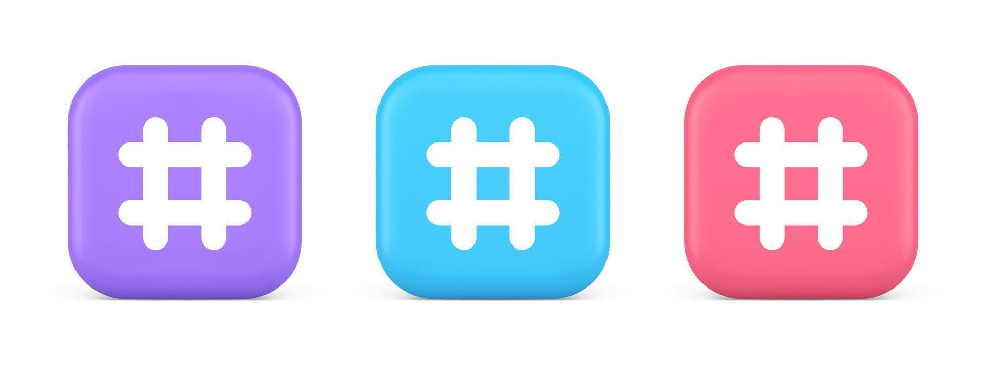 Hashtag button social network media communication symbol internet message key 3d icon vector
