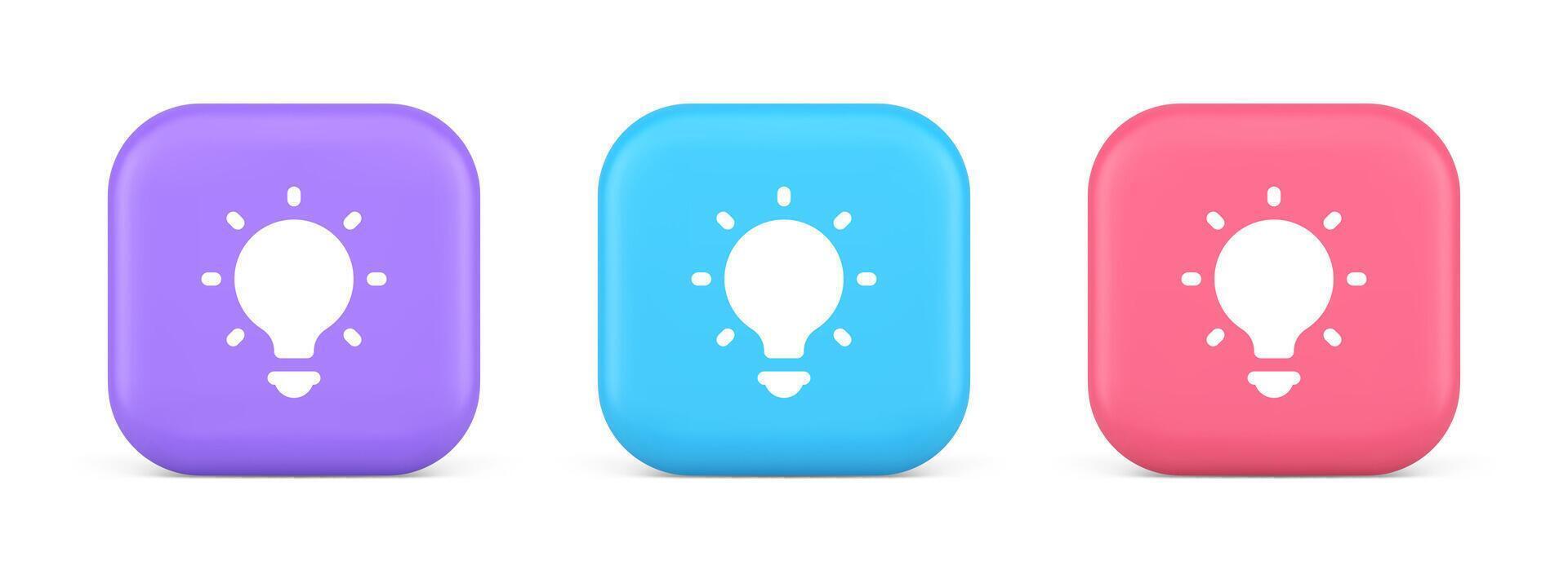 Light bulb illuminated innovation idea button brainstorming creative solution 3d icon vector