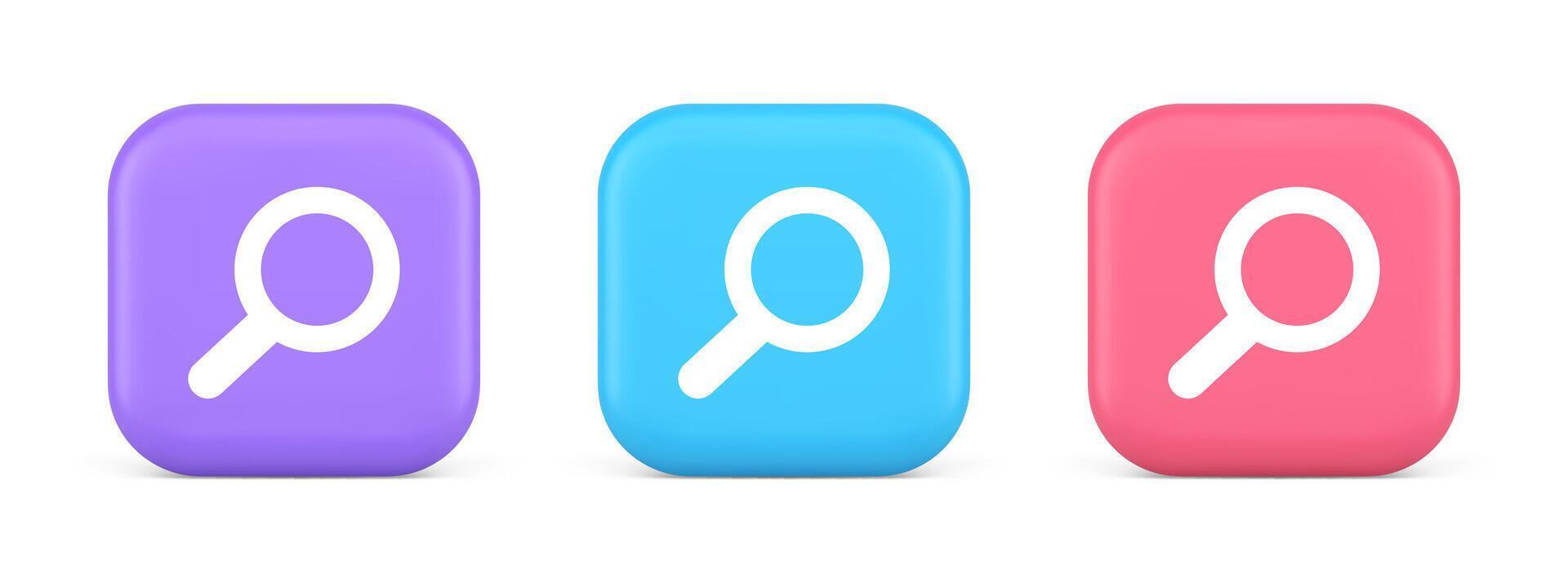 Browsing internet searching button magnifying glass analyzing information 3d realistic icon vector