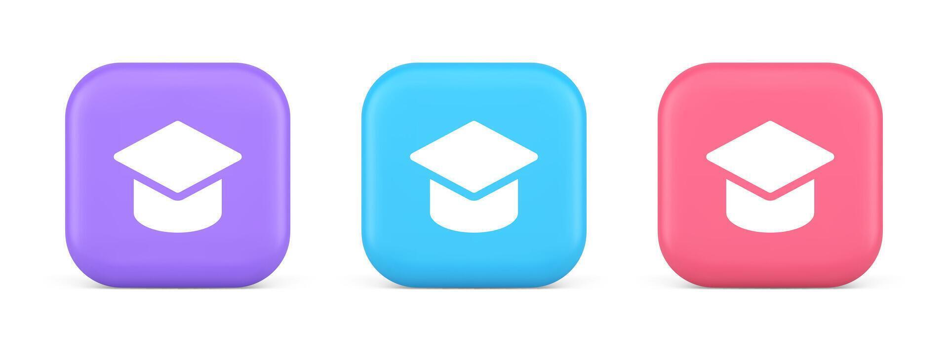 Graduation cap academic education e learning button wisdom knowledge 3d realistic icon vector
