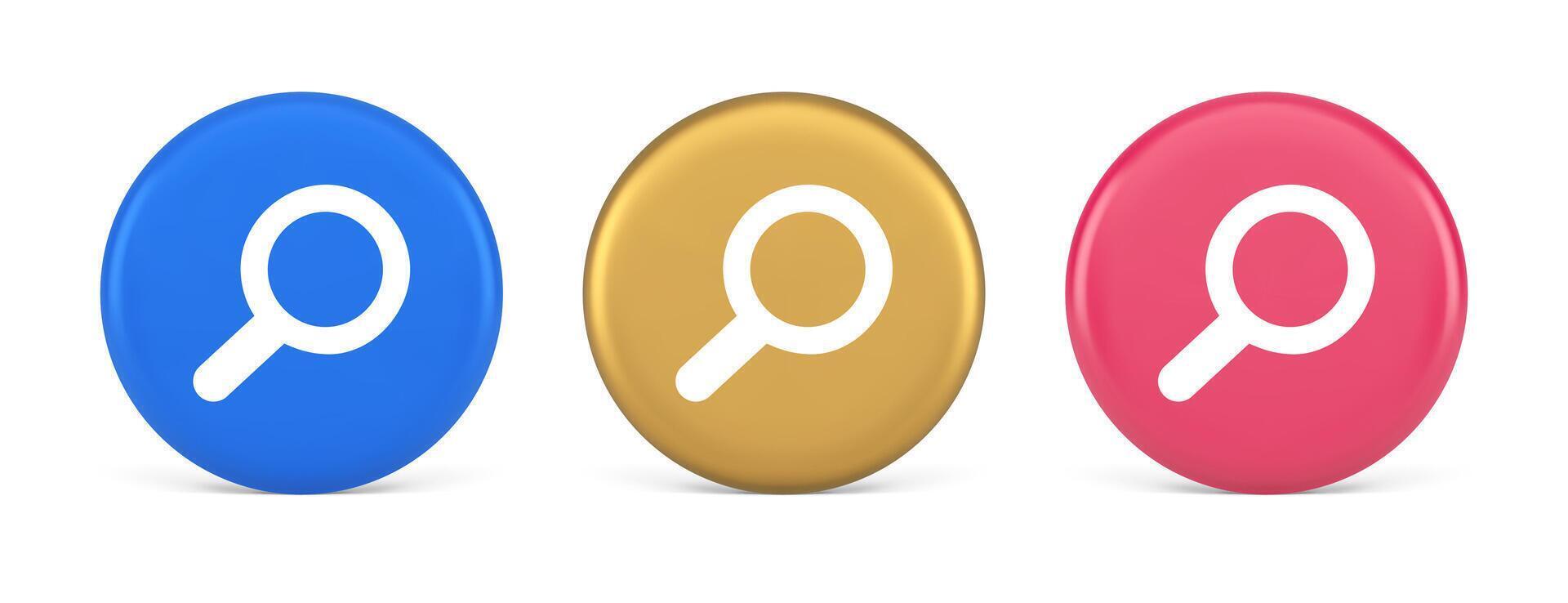 Browsing internet searching button magnifying glass analyzing information 3d realistic circle icon vector