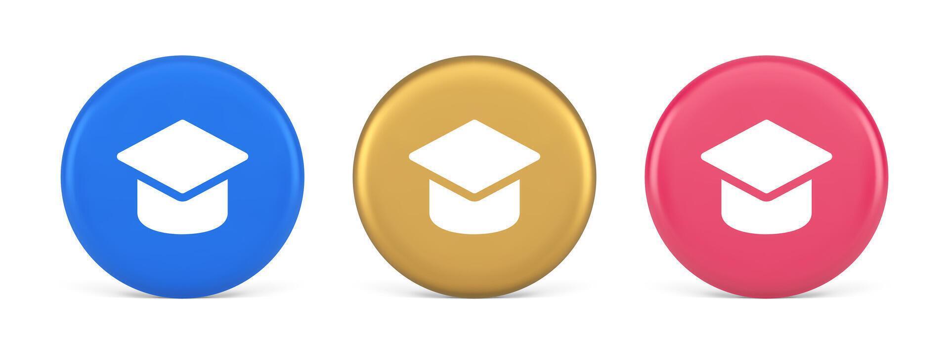 Graduation cap academic education e learning button wisdom knowledge 3d realistic circle icon vector