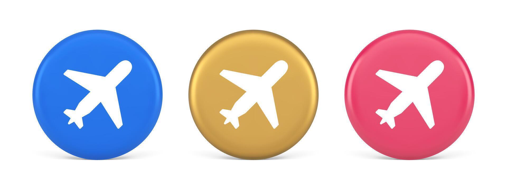 Airplane plane travel button flying vehicle commercial jet navigation 3d realistic circle icon vector
