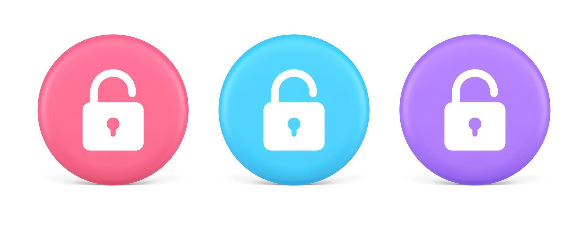 Open lock button cyberspace password security protection service 3d realistic circle icon vector