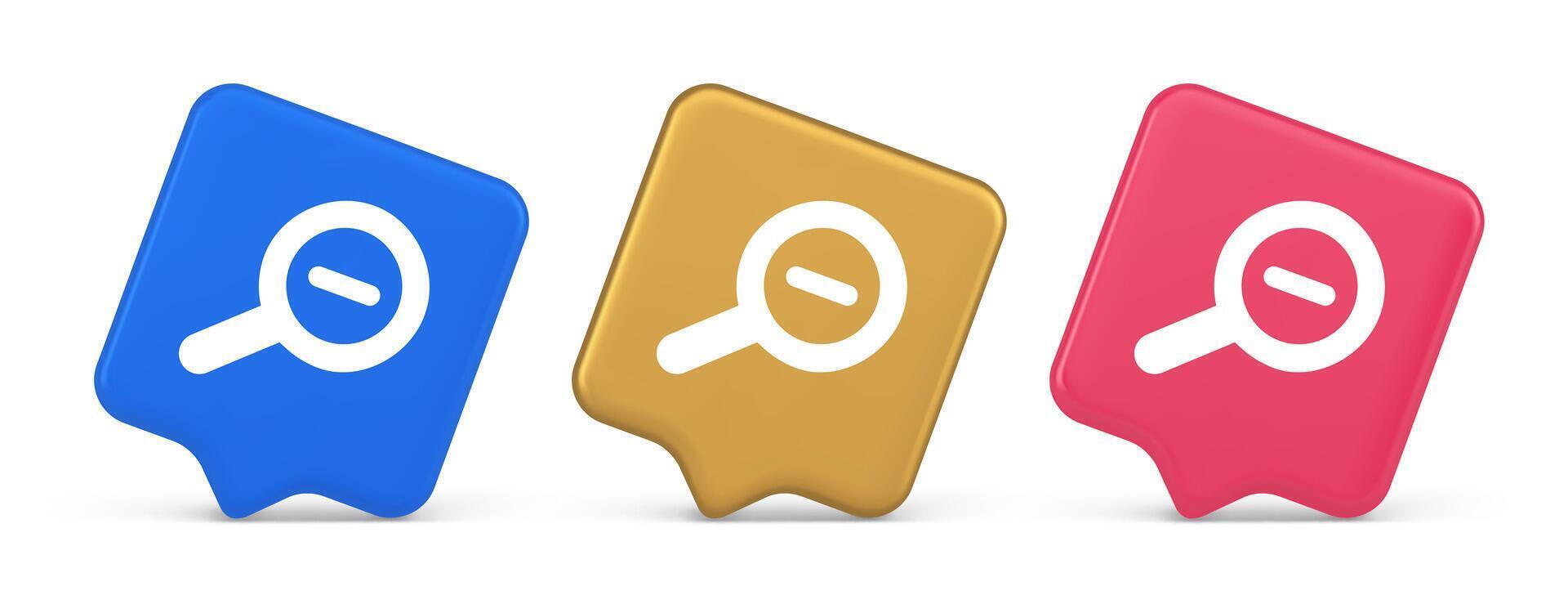 Zoom out magnifying glass button optical internet search discovery monitoring 3d speech bubble icon vector